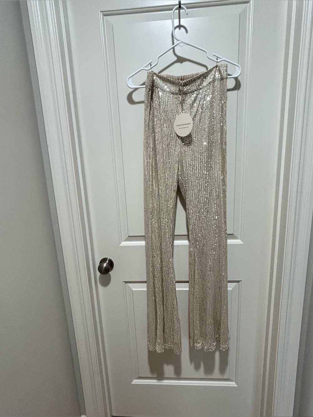 Saints & Hearts women’s size M Sequin lined flare Pants —  Cream Sparkle. NWT